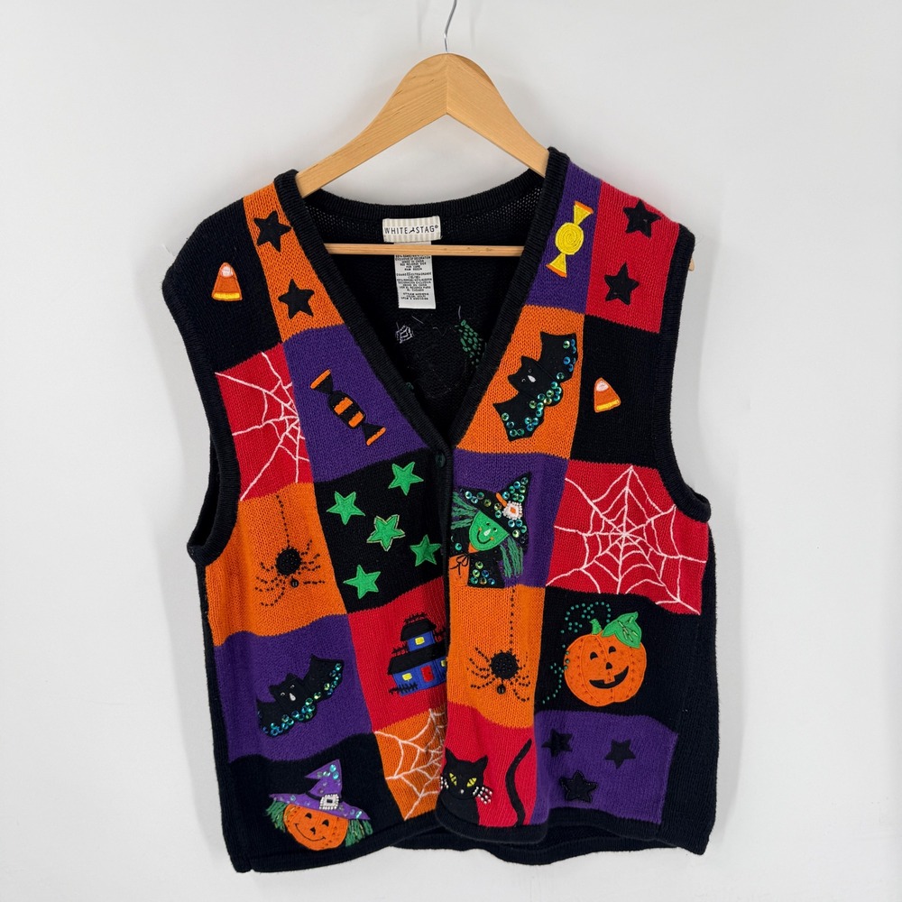 Vintage 90s White Stag Halloween Sweater Vest XL Spooky Kitschy Patchwork Witchy